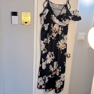 Black floral flutter sleeve dress with knee length slit